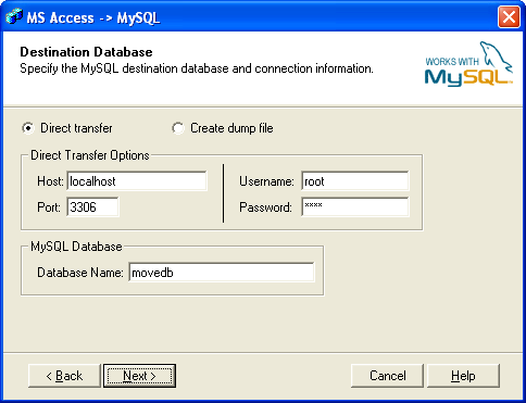 Base de datos MySQL de destino