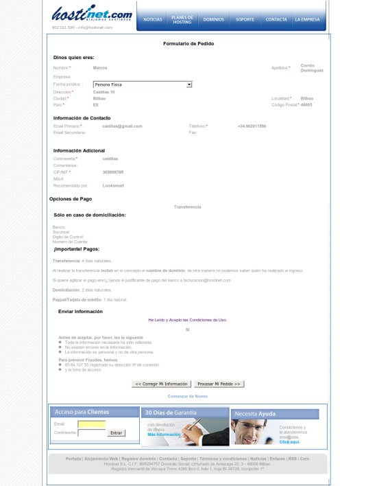 Comprobación datos cliente de hosting-dominios